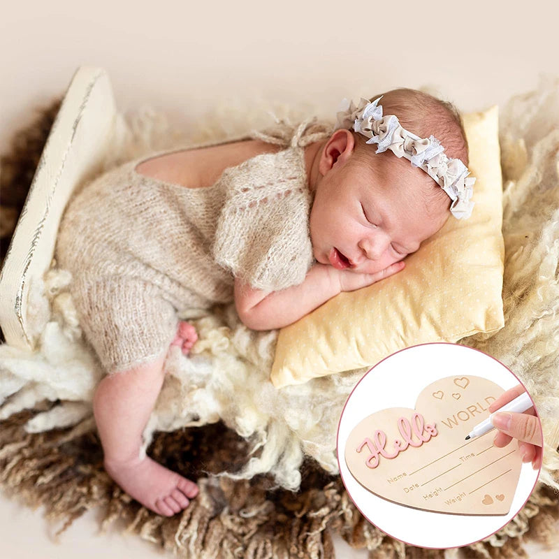 Baby Announcement Sign, Wooden Heart Shape Hello World Newborn Signs, Pen And Pad, Birth Announcement Sign