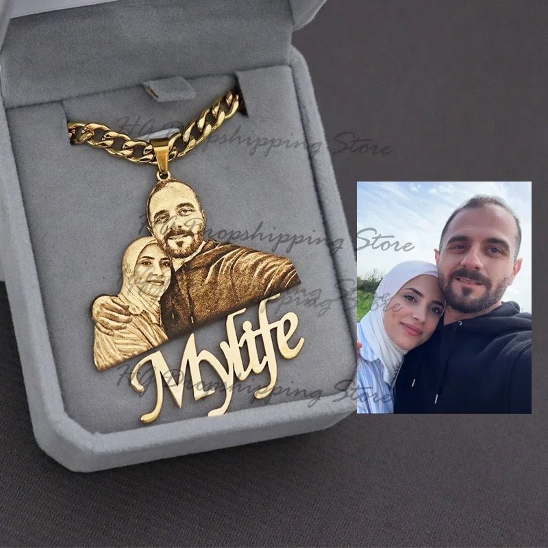 Custom Picture Nameplate Pendant Custom Photo Necklace Engraved Portrait Necklace Christmas Gift for Kids Jewelry Family Gifts