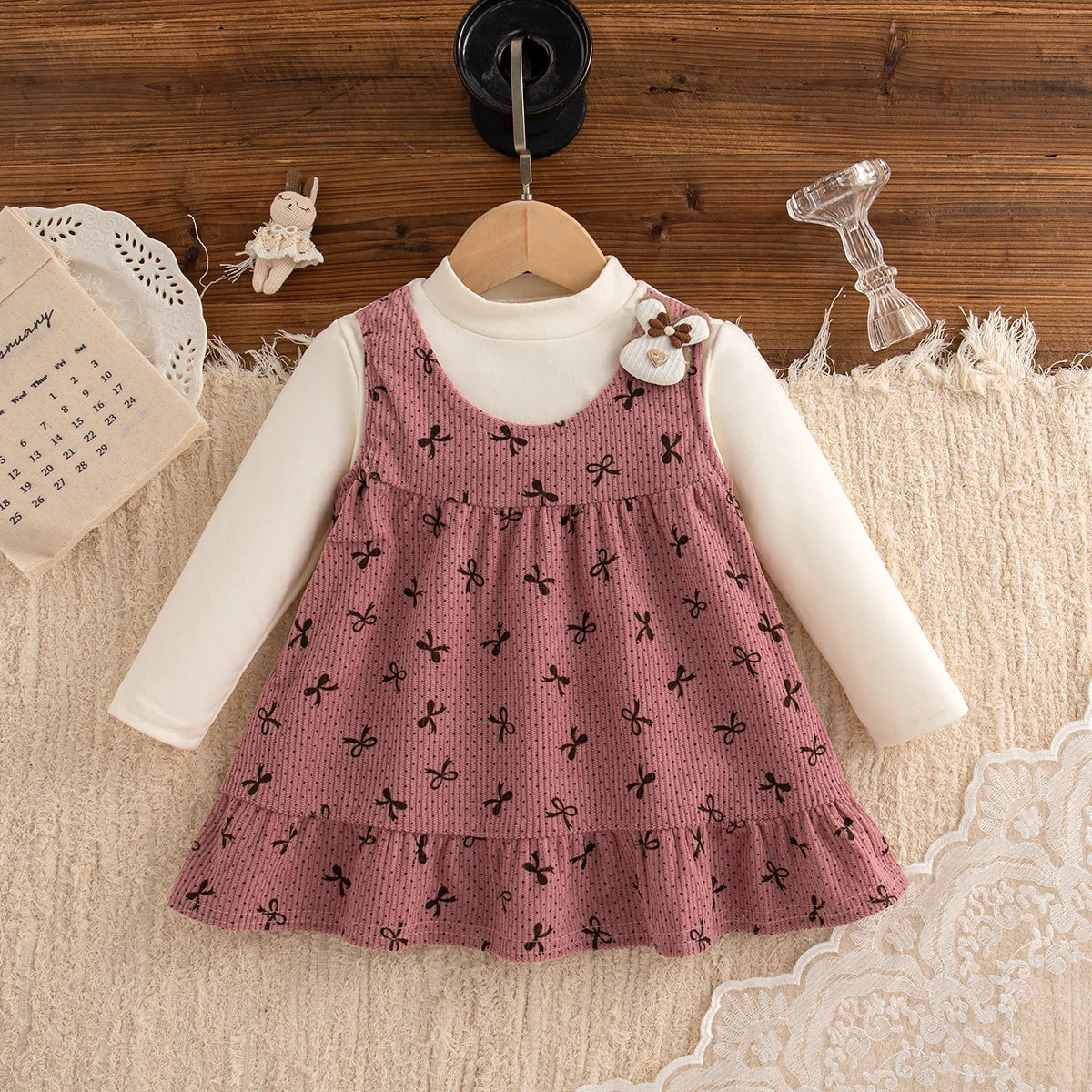 Baby Girl Dress Spring And Autumn Full Printed Bow Long Sleeved Girl Dress Cute Cartoon Girl Princess Dress ﻿