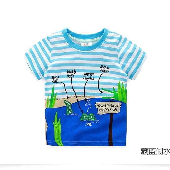 2025 Summer 2 3 4 5 6 8 10 Children's Clothing Dinosaur Car Stripe Print Short Sleeve Cotton Basic Tops Kids Boy Cartoon T-Shirt