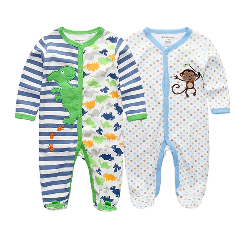 Kiddiezoom 2 Pcs Unisex 0-12Months Cartoon Long Sleeve Baby Boys Girl Romper 100%Cotton Soft Newborn Jumpsuit Infant Clothes