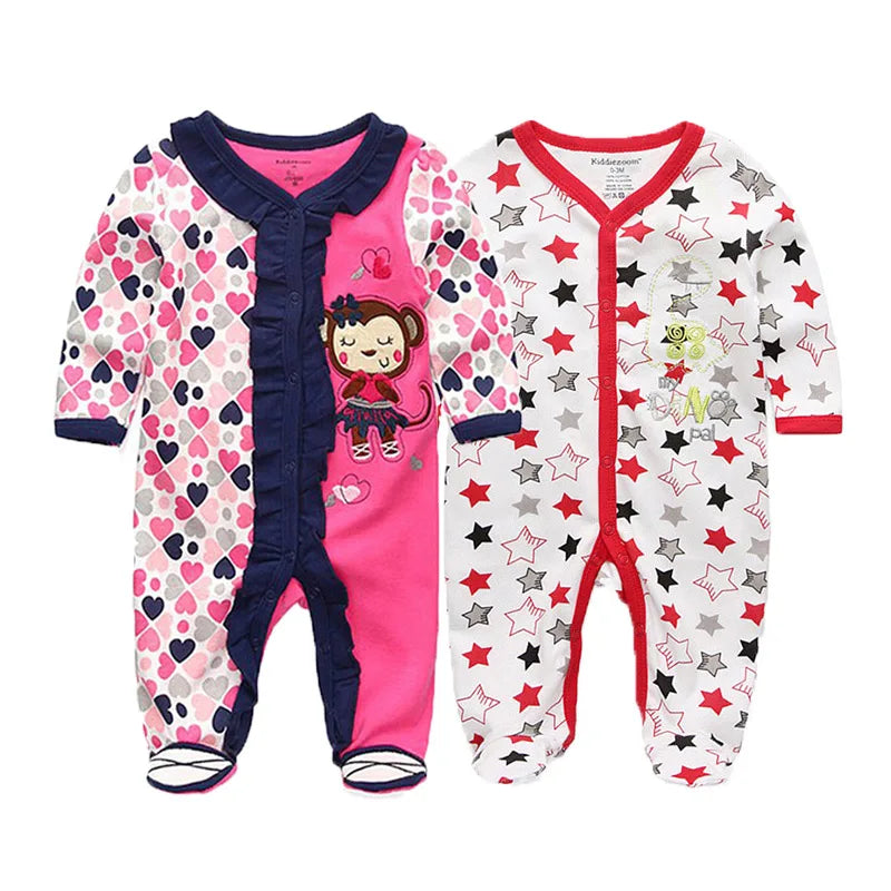 Kiddiezoom 2 Pcs Unisex 0-12Months Cartoon Long Sleeve Baby Boys Girl Romper 100%Cotton Soft Newborn Jumpsuit Infant Clothes