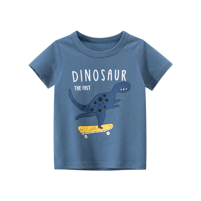 2025 Summer 2 3 4 5 6 8 10 Children's Clothing Dinosaur Car Stripe Print Short Sleeve Cotton Basic Tops Kids Boy Cartoon T-Shirt