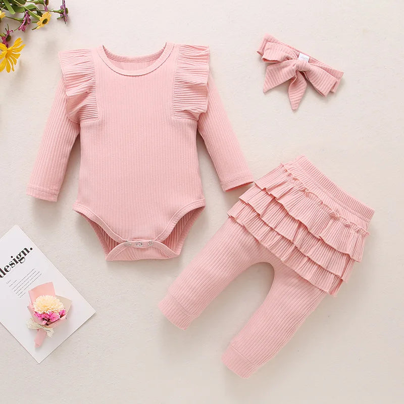 Newborn Baby Girls Clothes Infant Long Sleeve Ruffle Romper Bodysuits+Pants+Bow Headband 3Pcs Suit Children Toddler Outfit A422