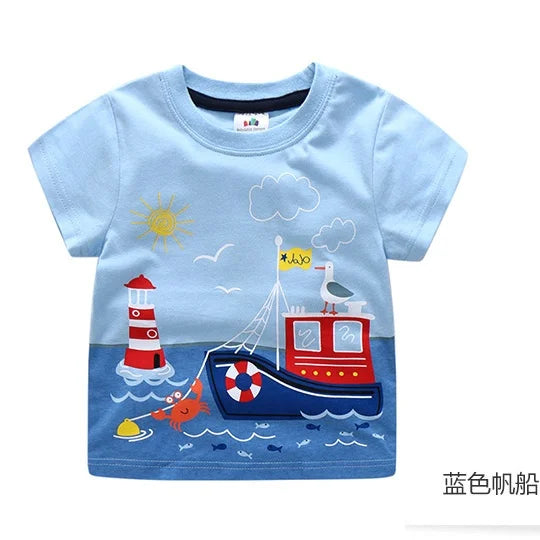 2025 Summer 2 3 4 5 6 8 10 Children's Clothing Dinosaur Car Stripe Print Short Sleeve Cotton Basic Tops Kids Boy Cartoon T-Shirt