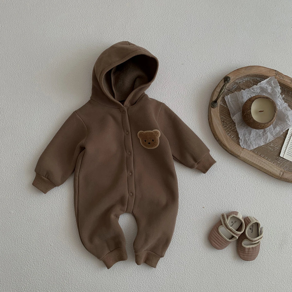 Ready Stock Newborn Baby Clothes Winter Baby Jumpsuit Bear Cute Hooded Baby Bodysuit Warm 0-2 Years Old