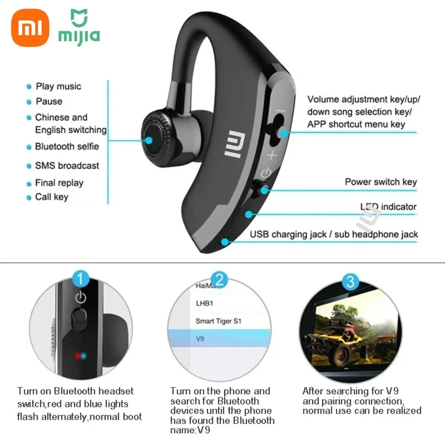 XIAOMI V9 Bluetooth Single Ear Sports Hanging Earphones with Microphone HD Music Business Touch Control Earphones