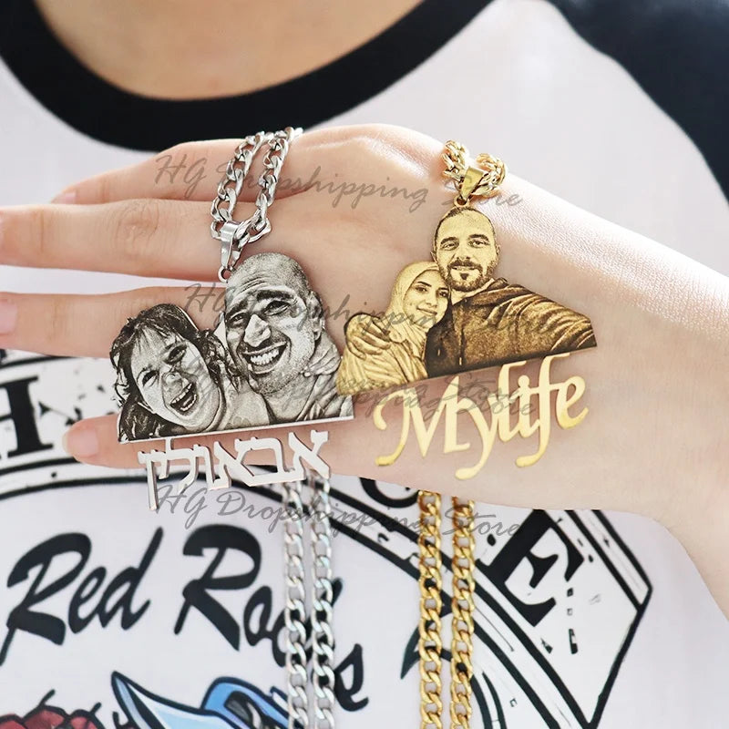 Custom Picture Nameplate Pendant Custom Photo Necklace Engraved Portrait Necklace Christmas Gift for Kids Jewelry Family Gifts