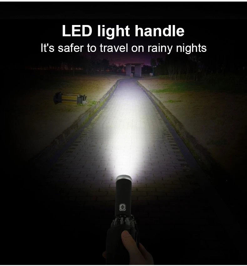 Windproof Automatic Umbrella With LED Flashlight Reflective Stripe Reverse Light Umbrellas Rain Men Women Large Folding Parasol