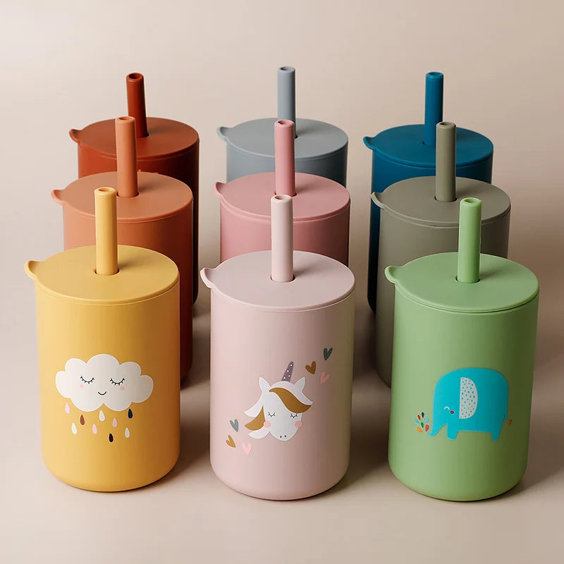 Baby Feeding Straw Cup Baby Cartoon Learning Feeding Cup Food Grade Silicone Toddler Water Bottle Tableware BPA Free Baby Gifts