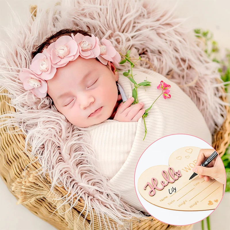 Baby Announcement Sign, Wooden Heart Shape Hello World Newborn Signs, Pen And Pad, Birth Announcement Sign