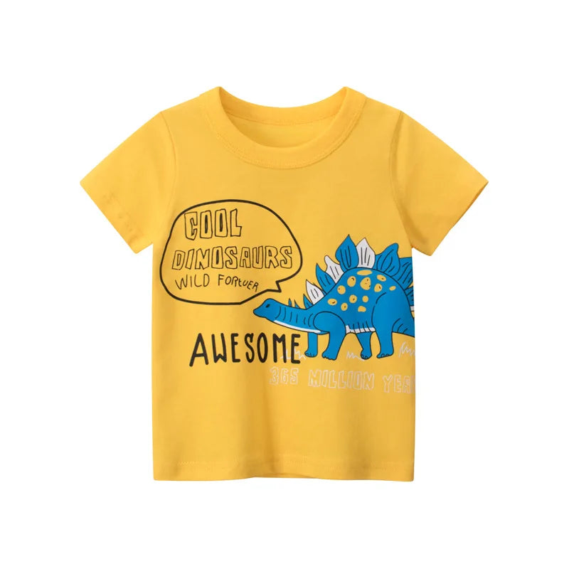 2025 Summer 2 3 4 5 6 8 10 Children's Clothing Dinosaur Car Stripe Print Short Sleeve Cotton Basic Tops Kids Boy Cartoon T-Shirt