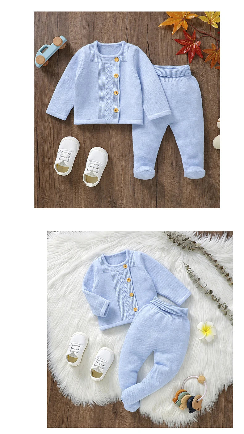 Baby Clothes Set Knit Newborn Girl Boy Long Sleeve Pullover Pants 2PC Fashion Solid Warm Infant Sweater Trousers Leggings Autumn