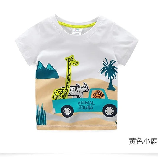 2025 Summer 2 3 4 5 6 8 10 Children's Clothing Dinosaur Car Stripe Print Short Sleeve Cotton Basic Tops Kids Boy Cartoon T-Shirt