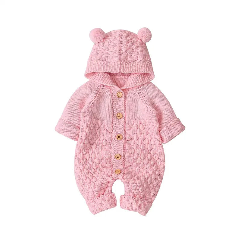 0-24months Newborn Winter Hooded Romper Long Sleeve Knitted Solid Color Jumpsuit For Infant Boys And Girls Knitted Long Playsuit