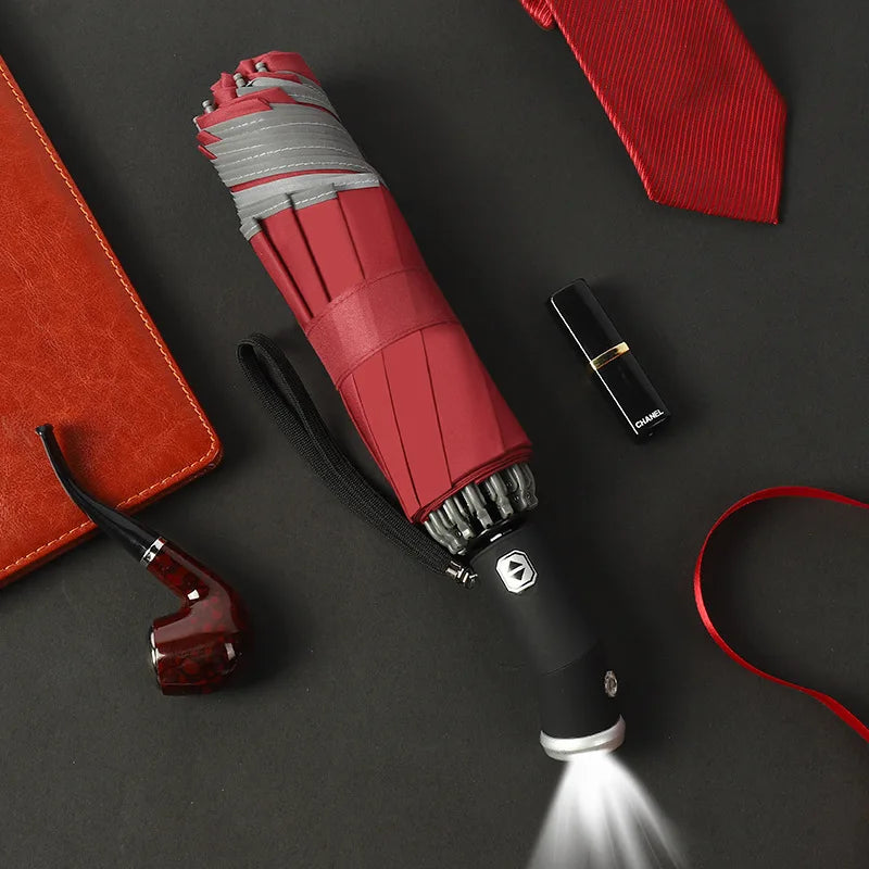 Windproof Automatic Umbrella With LED Flashlight Reflective Stripe Reverse Light Umbrellas Rain Men Women Large Folding Parasol