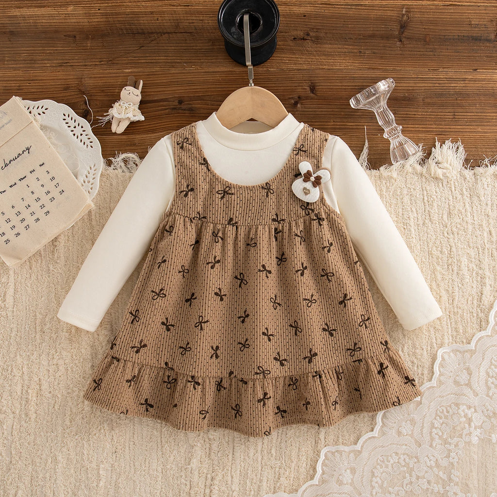 Baby Girl Dress Spring And Autumn Full Printed Bow Long Sleeved Girl Dress Cute Cartoon Girl Princess Dress ﻿