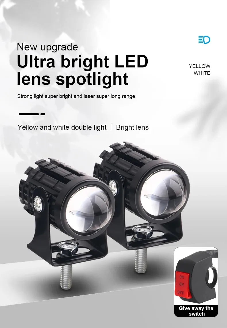 Universal Motorcycle LED Headlight Projector Lens Dual Color ATV Scooter Driving Lamp Fog Light Auxiliary Spotlight Lamp