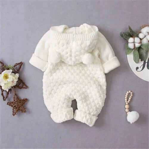 0-24months Newborn Winter Hooded Romper Long Sleeve Knitted Solid Color Jumpsuit For Infant Boys And Girls Knitted Long Playsuit