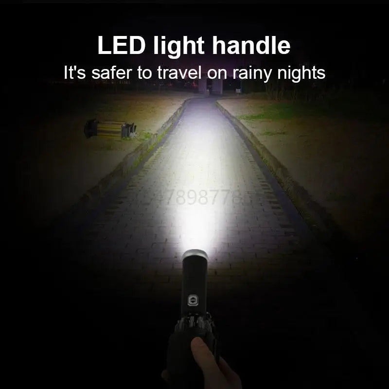 Windproof Automatic Umbrella With LED Flashlight Reflective Stripe Reverse Light Umbrellas Rain Men Women Large Folding Parasol