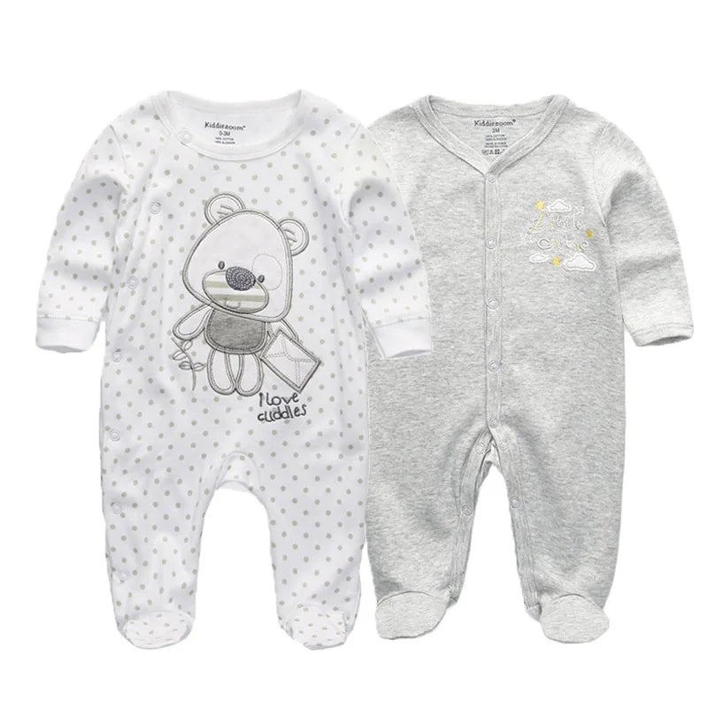 Kiddiezoom 2 Pcs Unisex 0-12Months Cartoon Long Sleeve Baby Boys Girl Romper 100%Cotton Soft Newborn Jumpsuit Infant Clothes