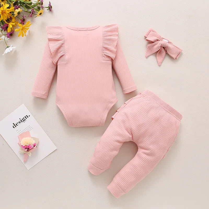 Newborn Baby Girls Clothes Infant Long Sleeve Ruffle Romper Bodysuits+Pants+Bow Headband 3Pcs Suit Children Toddler Outfit A422