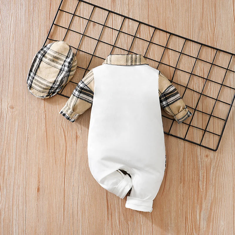Newborn Clothes Casual Checkered Comfortable Boy And Girl Spring And Autumn Long Sleeved Baby Jumpsuit+Hat Two-Piece Set