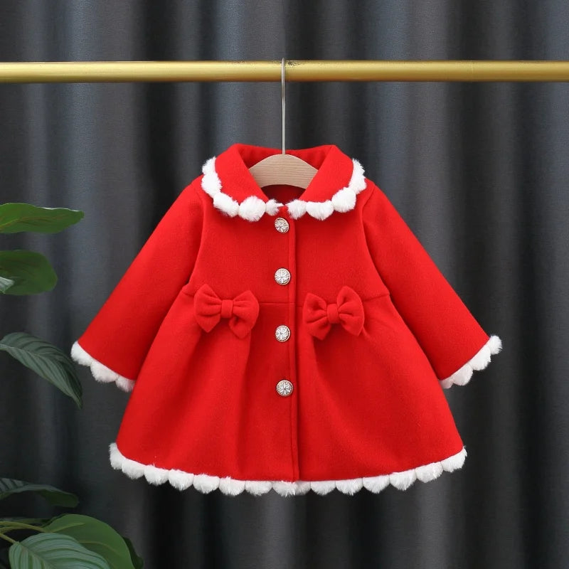 Baby Winter Clothes Fall And Winter Bow Solid Color Lapel Baby Girl Cotton Coat Cute Simple Children's Outerwear