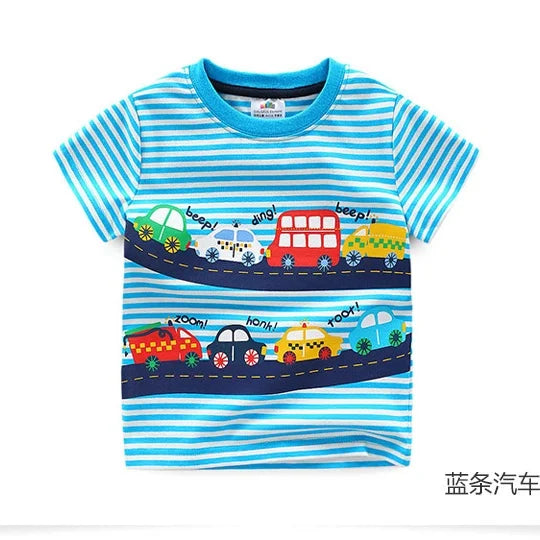 2025 Summer 2 3 4 5 6 8 10 Children's Clothing Dinosaur Car Stripe Print Short Sleeve Cotton Basic Tops Kids Boy Cartoon T-Shirt