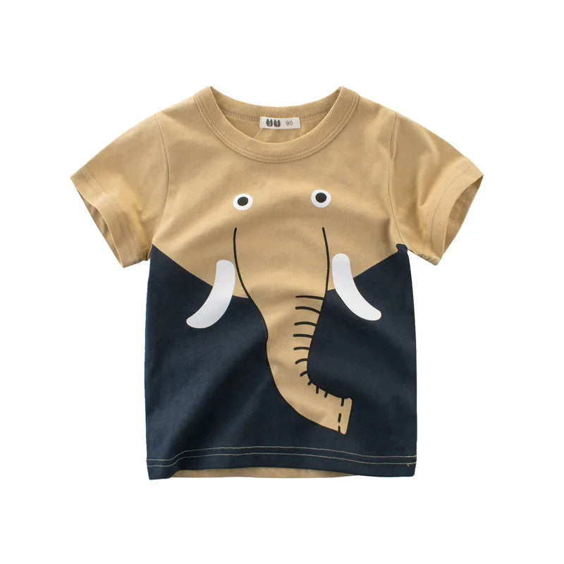 2025 Summer 2 3 4 5 6 8 10 Children's Clothing Dinosaur Car Stripe Print Short Sleeve Cotton Basic Tops Kids Boy Cartoon T-Shirt
