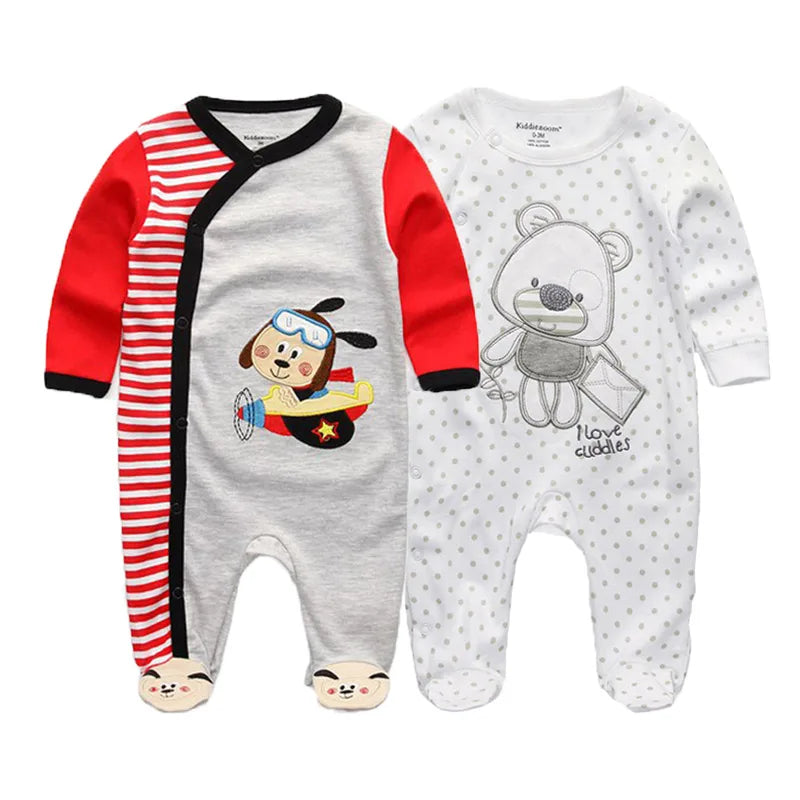 Kiddiezoom 2 Pcs Unisex 0-12Months Cartoon Long Sleeve Baby Boys Girl Romper 100%Cotton Soft Newborn Jumpsuit Infant Clothes