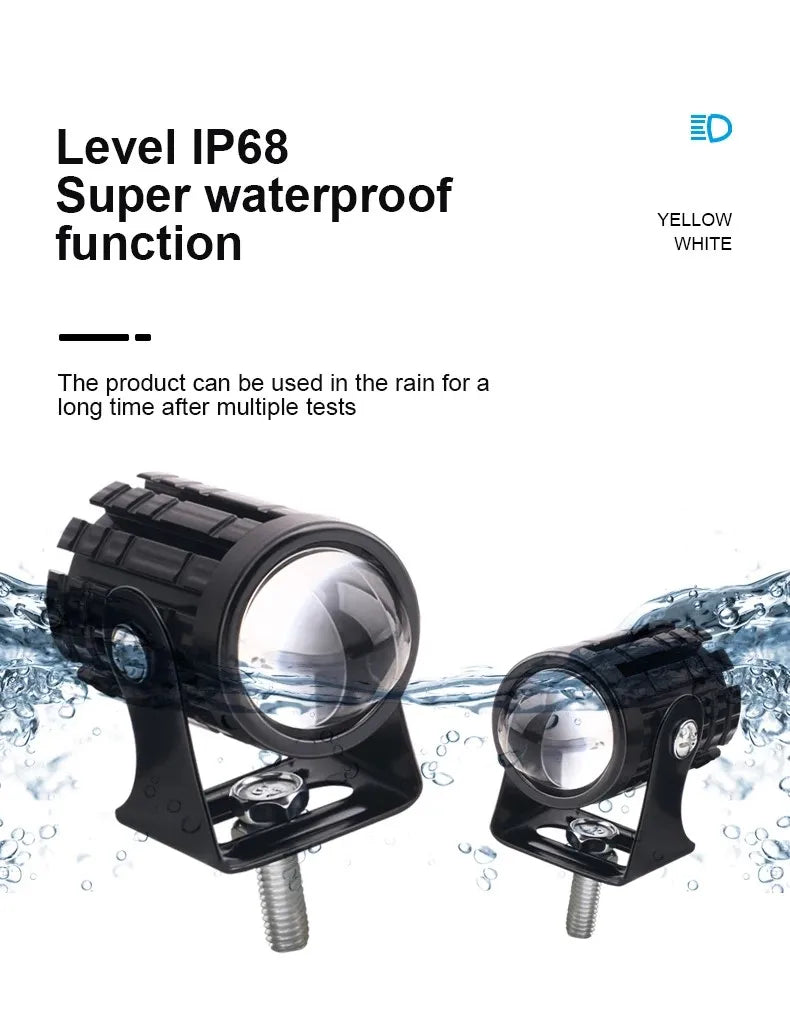 Universal Motorcycle LED Headlight Projector Lens Dual Color ATV Scooter Driving Lamp Fog Light Auxiliary Spotlight Lamp