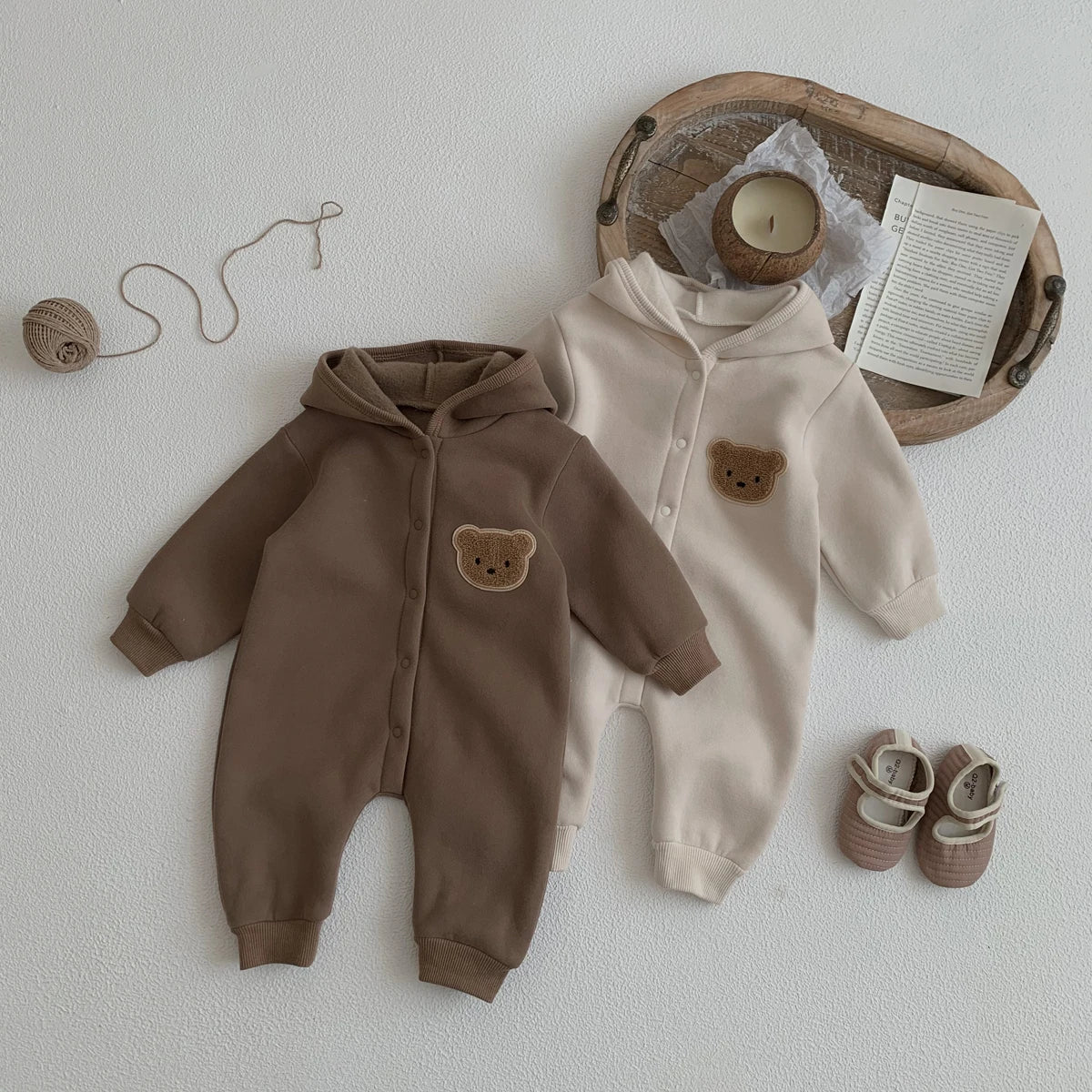 Ready Stock Newborn Baby Clothes Winter Baby Jumpsuit Bear Cute Hooded Baby Bodysuit Warm 0-2 Years Old