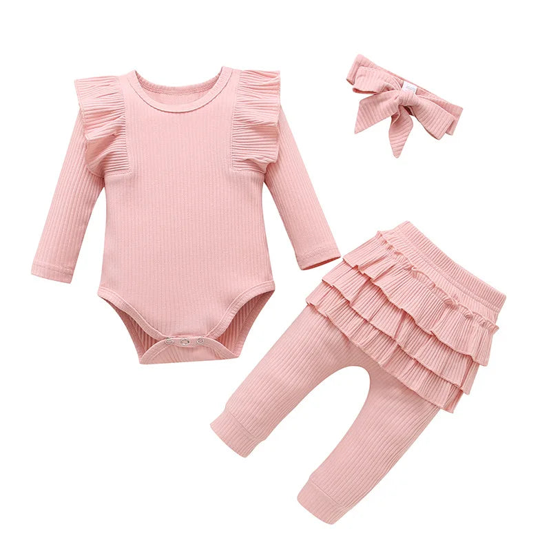 Newborn Baby Girls Clothes Infant Long Sleeve Ruffle Romper Bodysuits+Pants+Bow Headband 3Pcs Suit Children Toddler Outfit A422