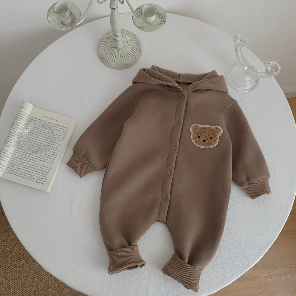 Ready Stock Newborn Baby Clothes Winter Baby Jumpsuit Bear Cute Hooded Baby Bodysuit Warm 0-2 Years Old