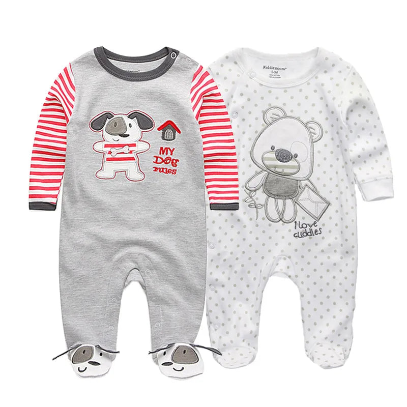 Kiddiezoom 2 Pcs Unisex 0-12Months Cartoon Long Sleeve Baby Boys Girl Romper 100%Cotton Soft Newborn Jumpsuit Infant Clothes