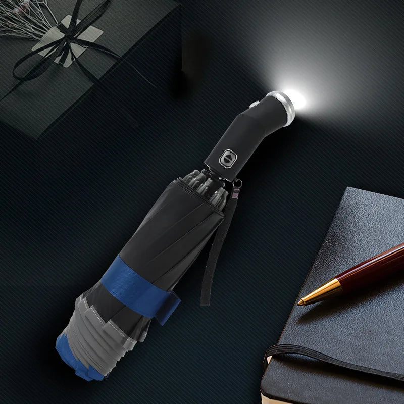 Windproof Automatic Umbrella With LED Flashlight Reflective Stripe Reverse Light Umbrellas Rain Men Women Large Folding Parasol