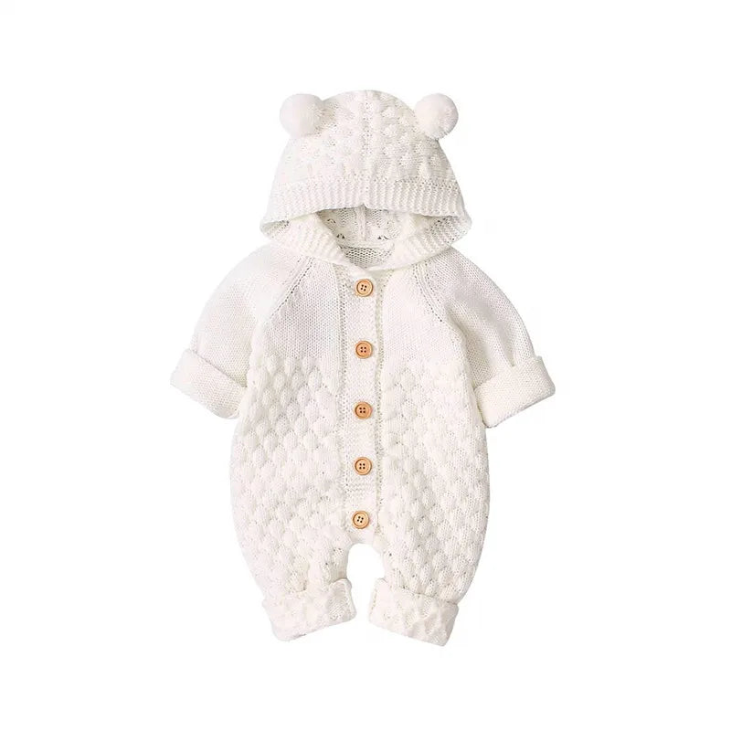 0-24months Newborn Winter Hooded Romper Long Sleeve Knitted Solid Color Jumpsuit For Infant Boys And Girls Knitted Long Playsuit
