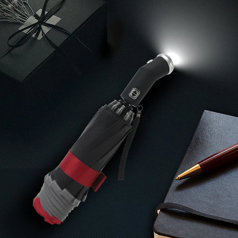 Windproof Automatic Umbrella With LED Flashlight Reflective Stripe Reverse Light Umbrellas Rain Men Women Large Folding Parasol