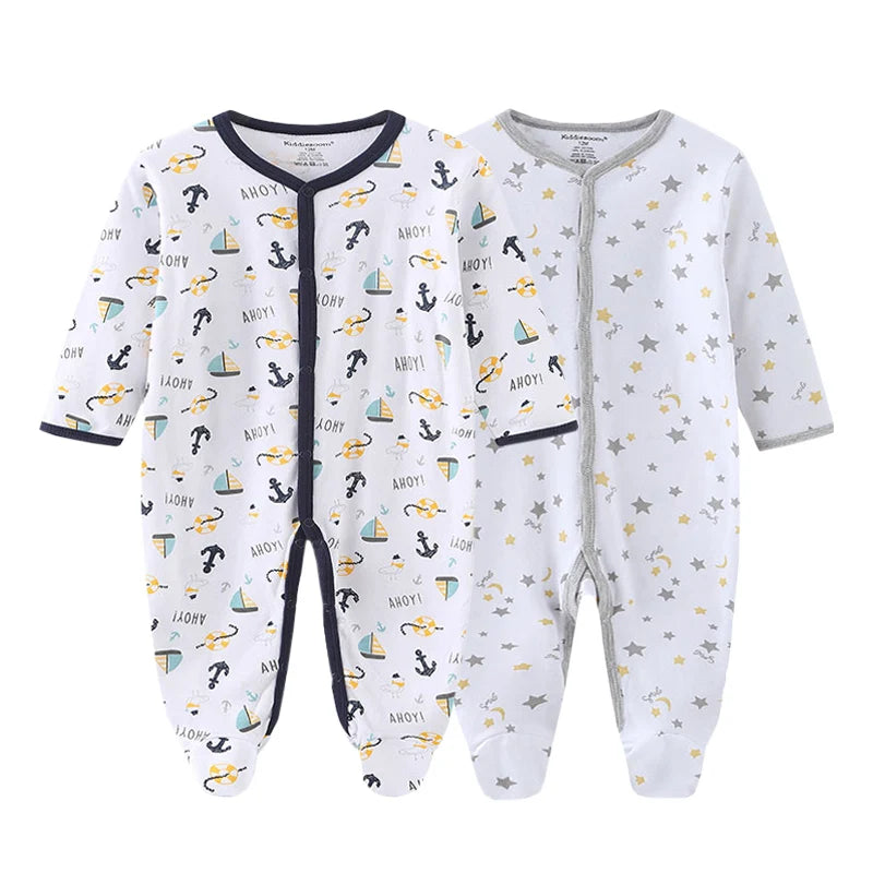 Kiddiezoom 2 Pcs Unisex 0-12Months Cartoon Long Sleeve Baby Boys Girl Romper 100%Cotton Soft Newborn Jumpsuit Infant Clothes