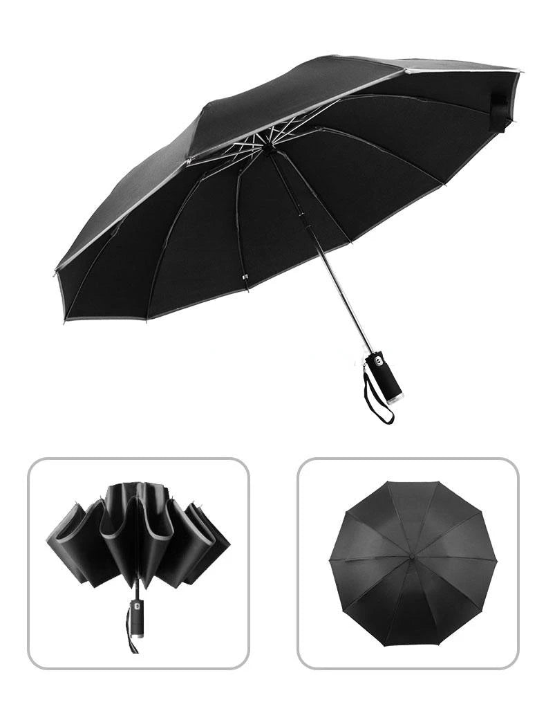 Windproof Automatic Umbrella With LED Flashlight Reflective Stripe Reverse Light Umbrellas Rain Men Women Large Folding Parasol