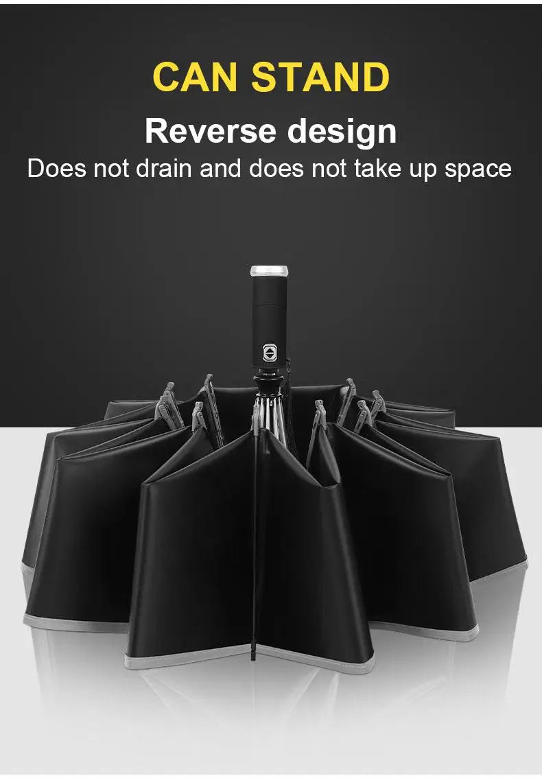 Windproof Automatic Umbrella With LED Flashlight Reflective Stripe Reverse Light Umbrellas Rain Men Women Large Folding Parasol