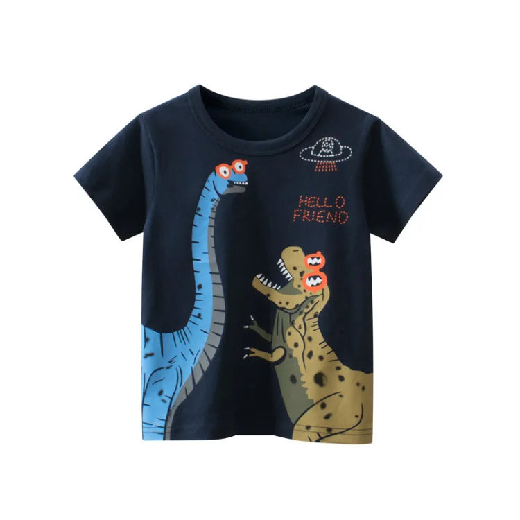 2025 Summer 2 3 4 5 6 8 10 Children's Clothing Dinosaur Car Stripe Print Short Sleeve Cotton Basic Tops Kids Boy Cartoon T-Shirt