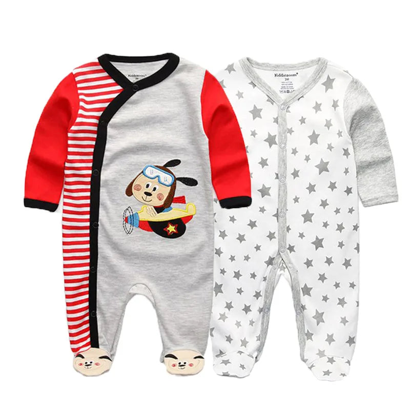 Kiddiezoom 2 Pcs Unisex 0-12Months Cartoon Long Sleeve Baby Boys Girl Romper 100%Cotton Soft Newborn Jumpsuit Infant Clothes