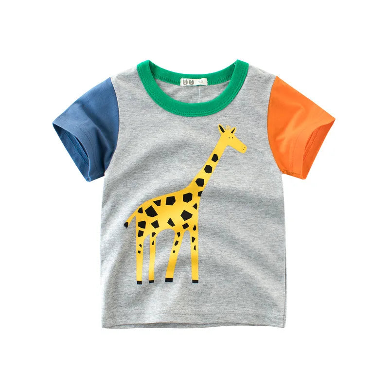 2025 Summer 2 3 4 5 6 8 10 Children's Clothing Dinosaur Car Stripe Print Short Sleeve Cotton Basic Tops Kids Boy Cartoon T-Shirt