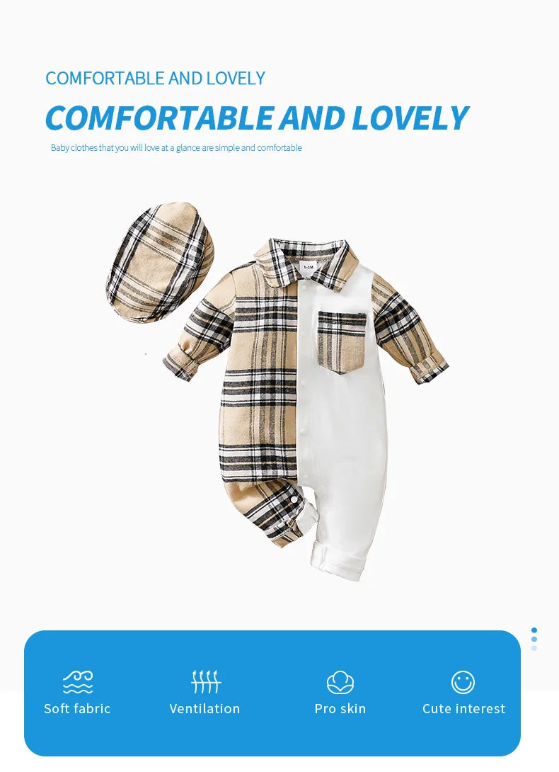 Newborn Clothes Casual Checkered Comfortable Boy And Girl Spring And Autumn Long Sleeved Baby Jumpsuit+Hat Two-Piece Set