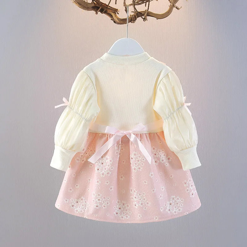 Baby clothes 1-6 years old girls long-sleeved floral skirt spring and autumn new sweet and cute fake two-piece casual dress