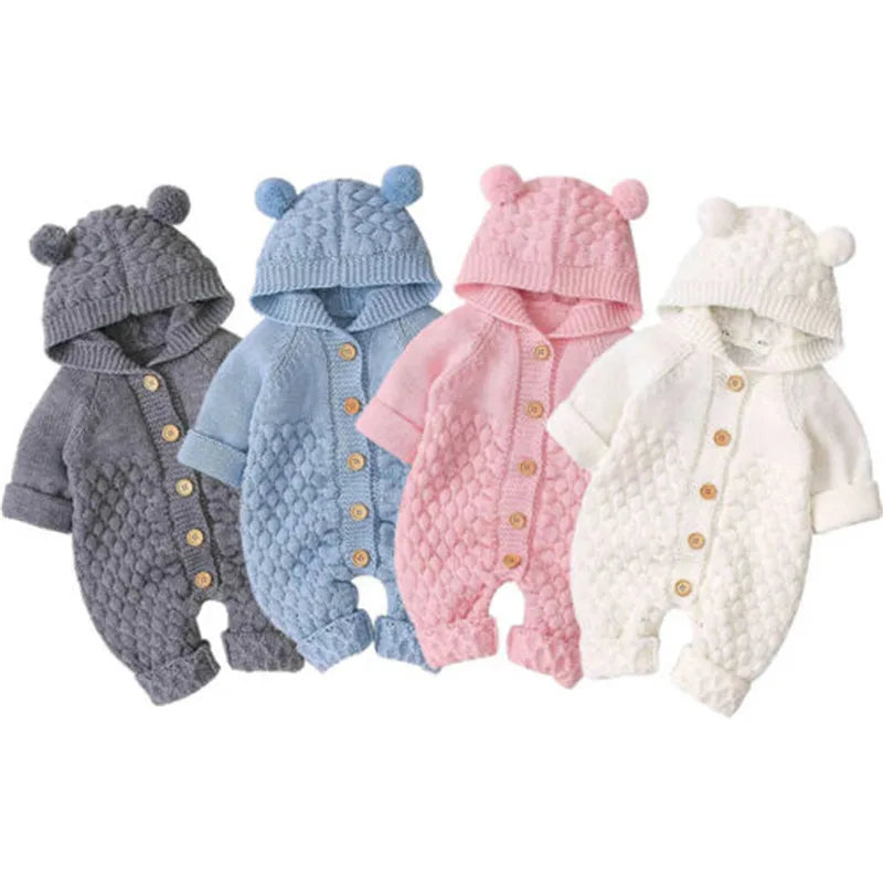 0-24months Newborn Winter Hooded Romper Long Sleeve Knitted Solid Color Jumpsuit For Infant Boys And Girls Knitted Long Playsuit
