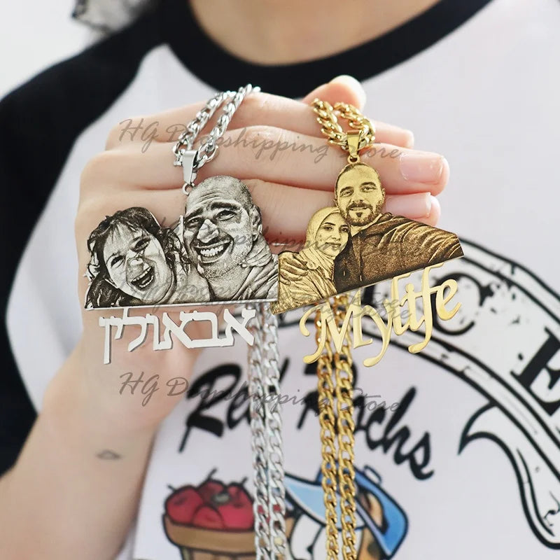 Custom Picture Nameplate Pendant Custom Photo Necklace Engraved Portrait Necklace Christmas Gift for Kids Jewelry Family Gifts