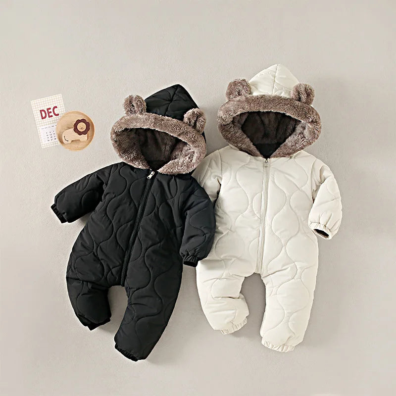 0-3 years baby onesies autumn and winter fleece warm cotton clothes newborn clothes Baby solid color hooded crawling suit Baby